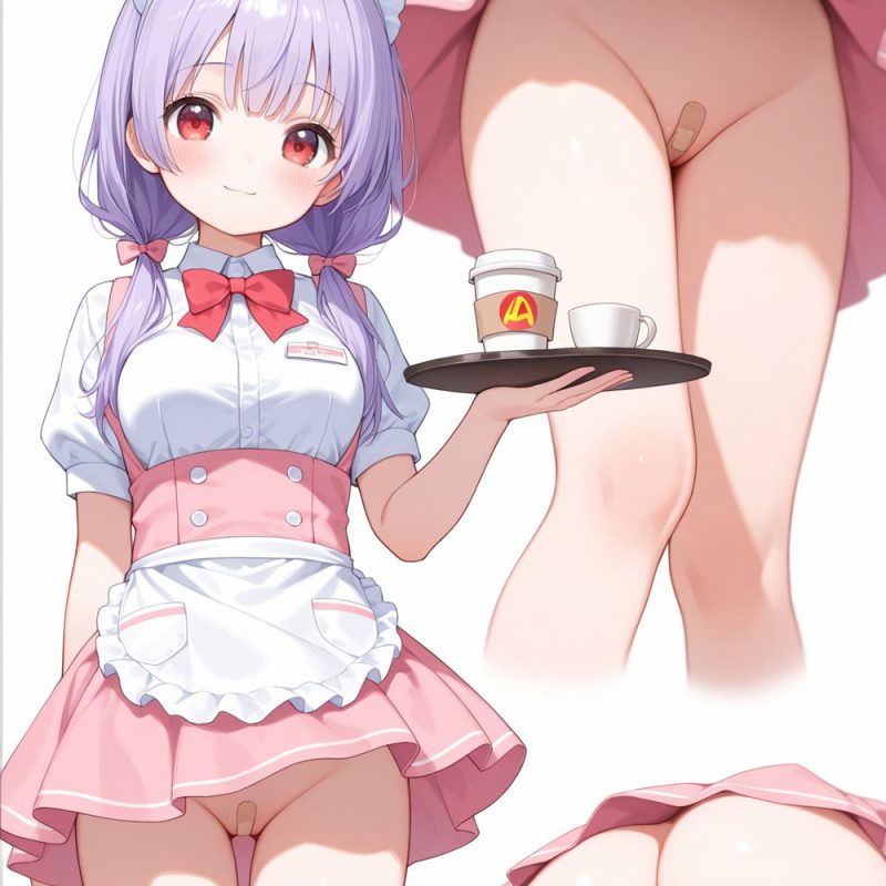 「カフェ・マン・チラーノ・トールサイズで〜す♥（チラッ）」天使の微笑みでノーパン裸絆創膏姿を晒しちゃう変態ウエイトレスさんに会うためなら何だってできちゃいそうな絆創膏まんチラ画像なんです！［30枚］